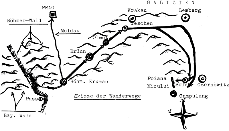 Skizze der Wanderwege vom B�hmerwald bis in die Bukowina